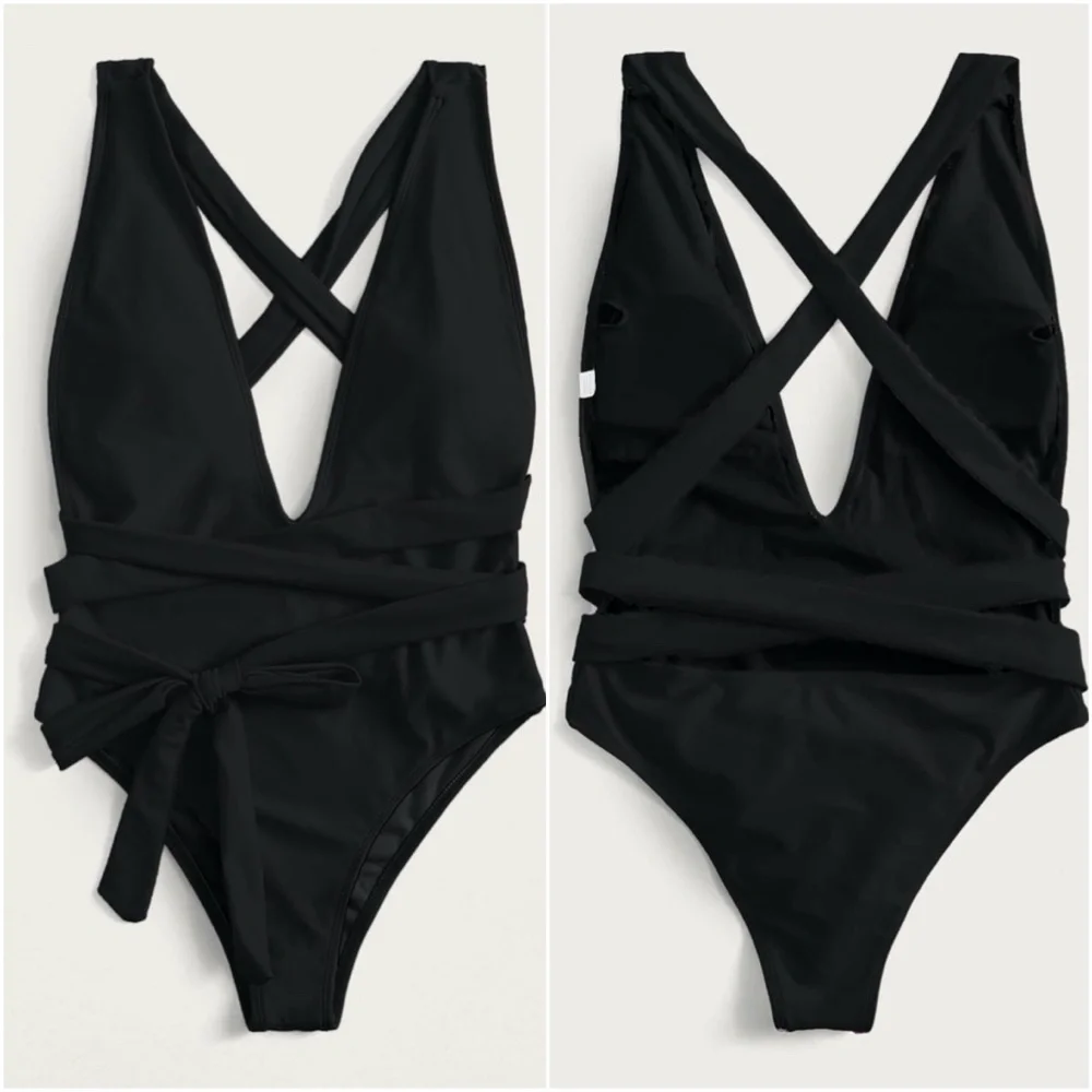 Boho Black plunging neckline wrap tie monokini One Piece Swim Beach - Picture 3 of 12